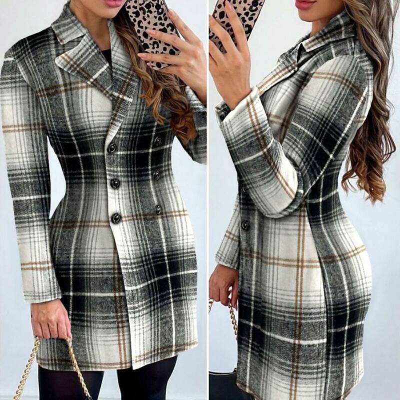 Polyester Suit Coat Stylish Plaid Print Double-breasted Women's Suit Coat Slim Fit Long Sleeve Mid Length for Formal Business