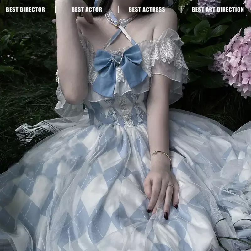 Женское винтажное платье сладкой Лолиты, Элегантное синее платье принцессы в викторианском стиле, с бантом и оборками