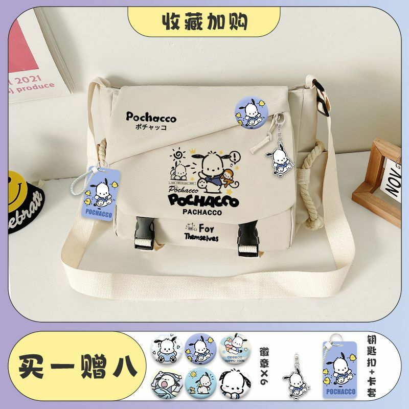 Sanrio tas selempang anjing Pacha, kantung bahu kanvas portabel pria dan wanita kuliah untuk kelas