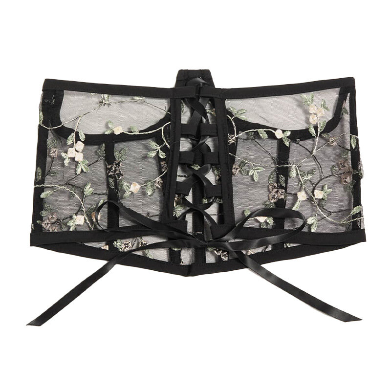Corset noir brodé floral, corsets taille haute, maille vintage Harajuku, voir à travers la taille, ceintures de smoking, mode