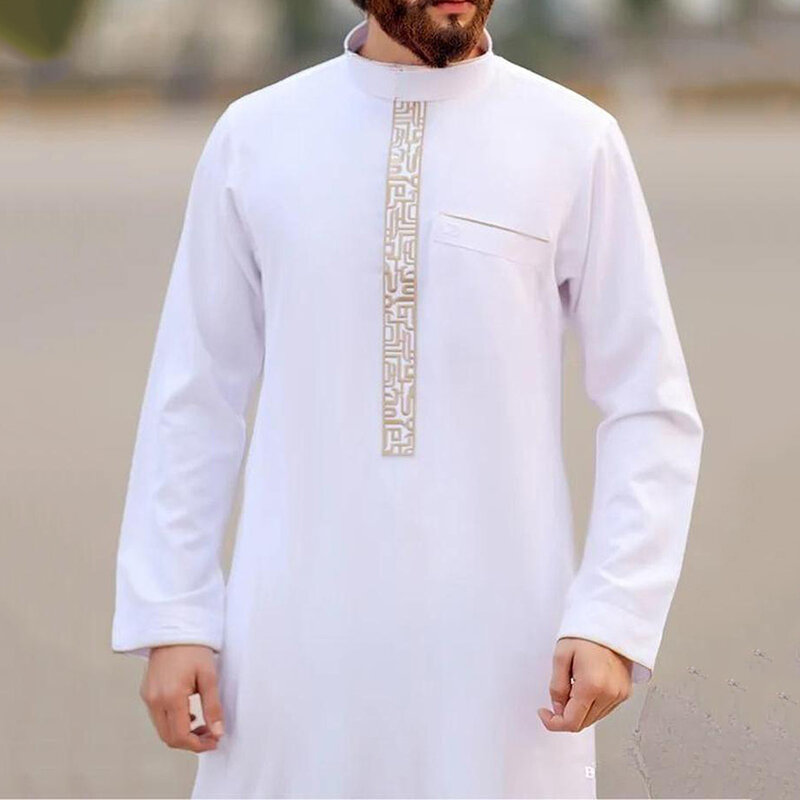 Bata árabe de gran tamaño para hombre, ropa musulmana de manga larga, color sólido, Camisa larga islámica bordada Vintage