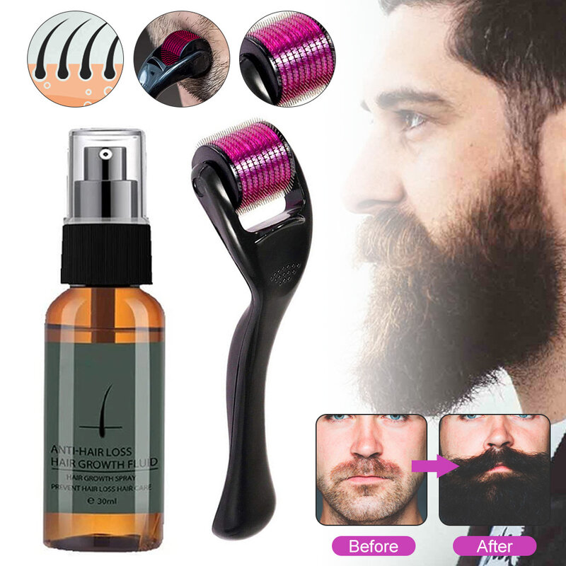 Kit rullo per la crescita della barba da uomo naturale olio per la crescita della barba da uomo nutriente Enhancer Spray per olio da barba Anti perdita di capelli con rullo per barba