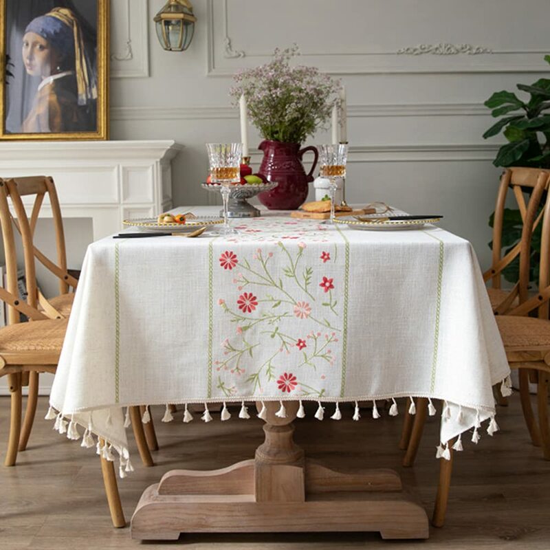Mantel bordado con patrón Floral, cubierta decorativa de algodón y lino para mesa de exterior, sin arrugas, peso pesado