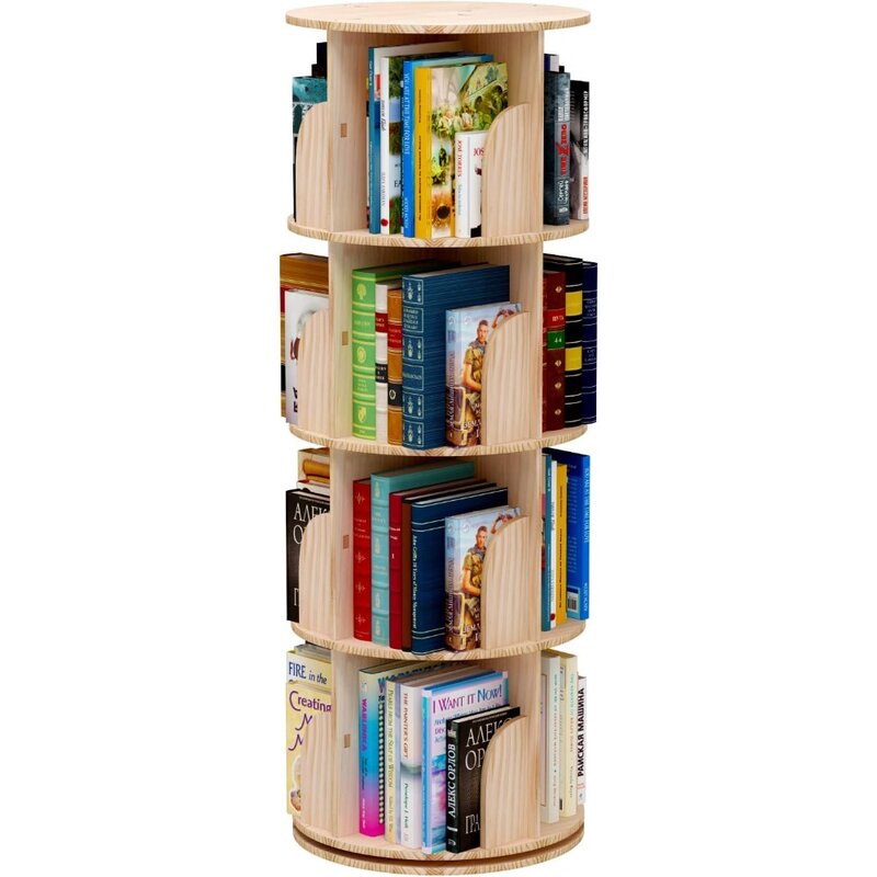 360 degree rotating bookshelf, 4-layer stackable solid wood bookshelf, children's storage display floor standing bookshelf