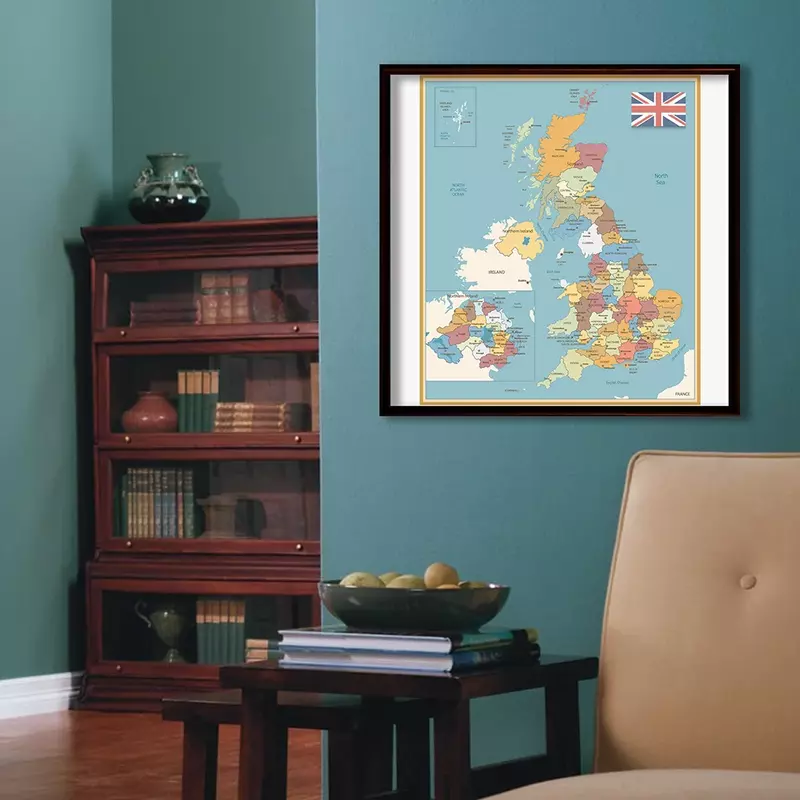 Póster de mapa decorativo del Reino Unido para niños, pintura de lona Retro para pared, aula, decoración del hogar, suministros escolares, 60x60cm