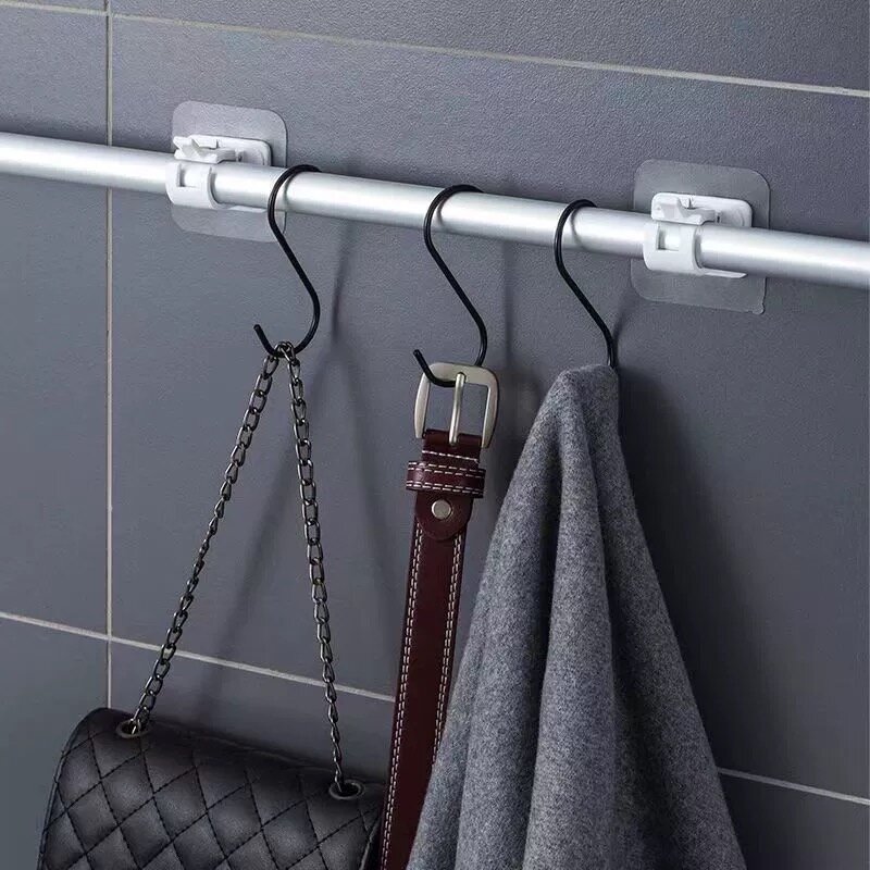 Pemegang tongkat gantung, rel perekat diri bebas kuku tirai penjepit batang klip kait dapat diatur mandi rumah tangga penyimpanan
