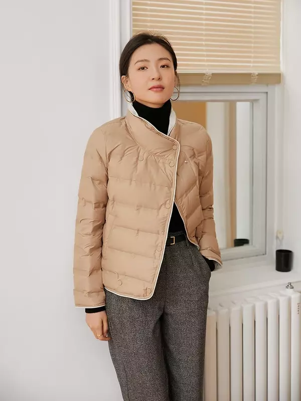 Jaket pendek musim gugur dan dingin wanita, mantel bulu angsa kasual Ultra Ringan gaya Korea musim gugur dan musim dingin 90%