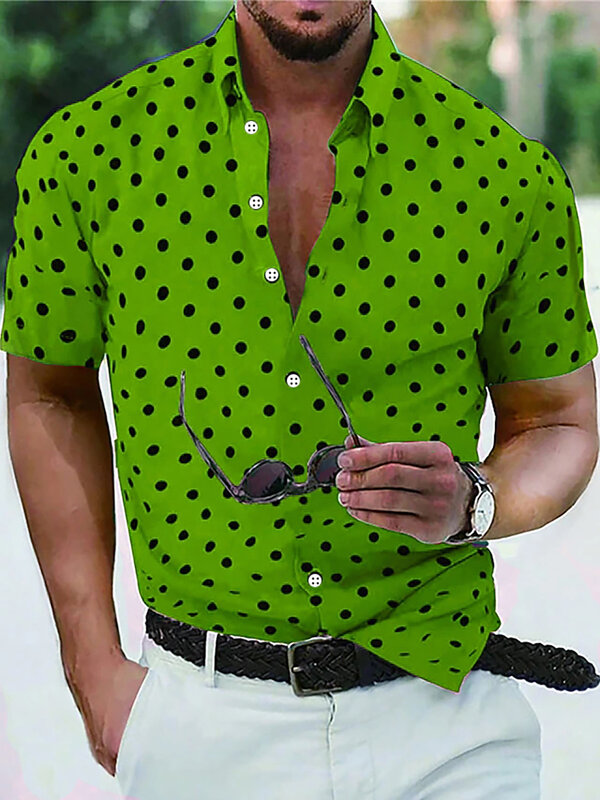 Мужская Повседневная рубашка с воротником на пуговицах, черная, белая, красная, белая, зеленая рубашка в горошек с короткими рукавами и отложным воротником, на лето