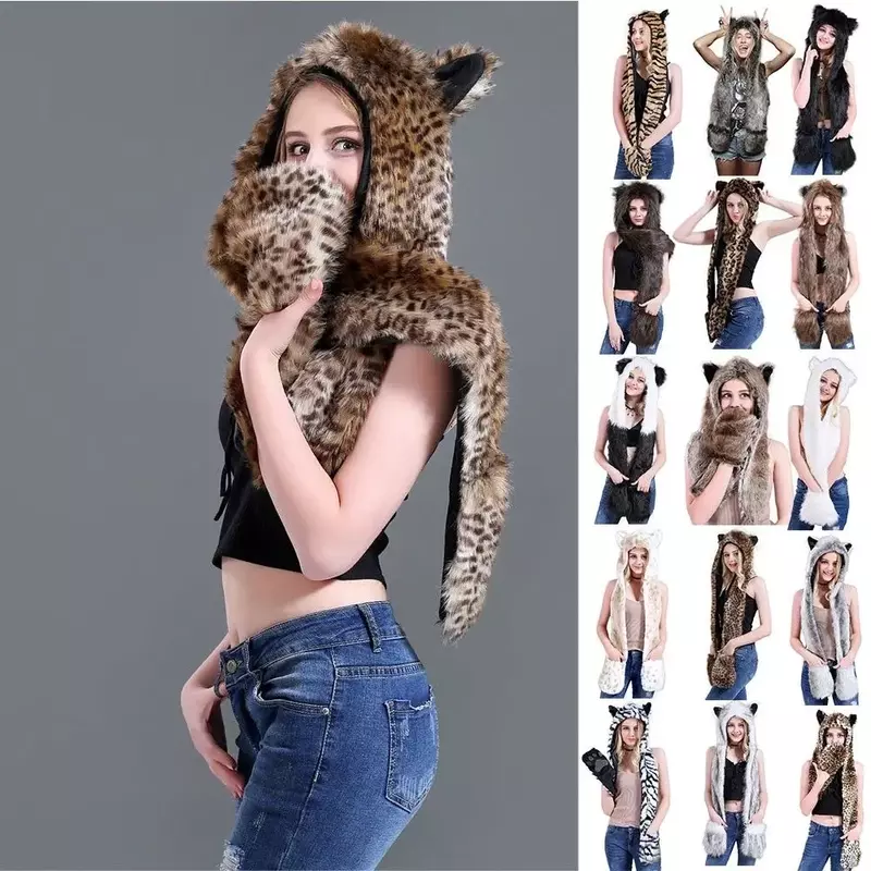 Women Girl Cartoon Animal Leopard Print Hood Faux Fur Hat with Scarf Mittens Ears and Paws 3 in 1 Winter Warm Cap Glove Gift