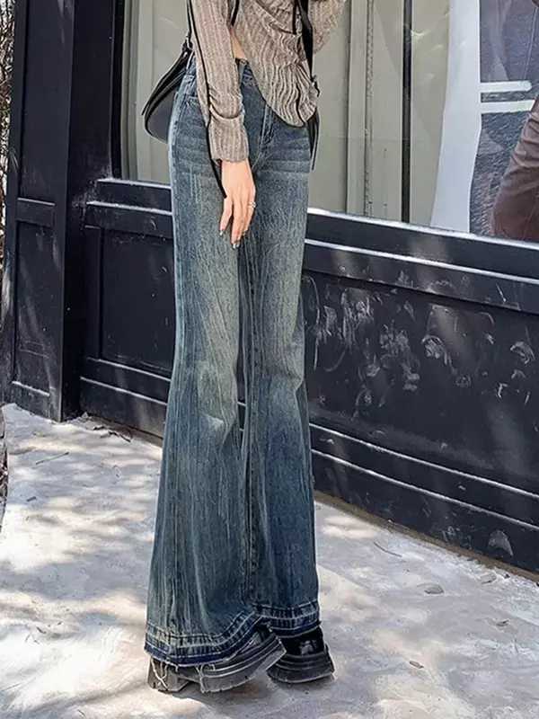 Amerikaanse Vintage Chique Flare Losse Casual Jeans Vrouwen Zomer Nieuwe Klassieke Full Length Eenvoudige Mode Gewassen Vrouwen Hoge Taille Jeans