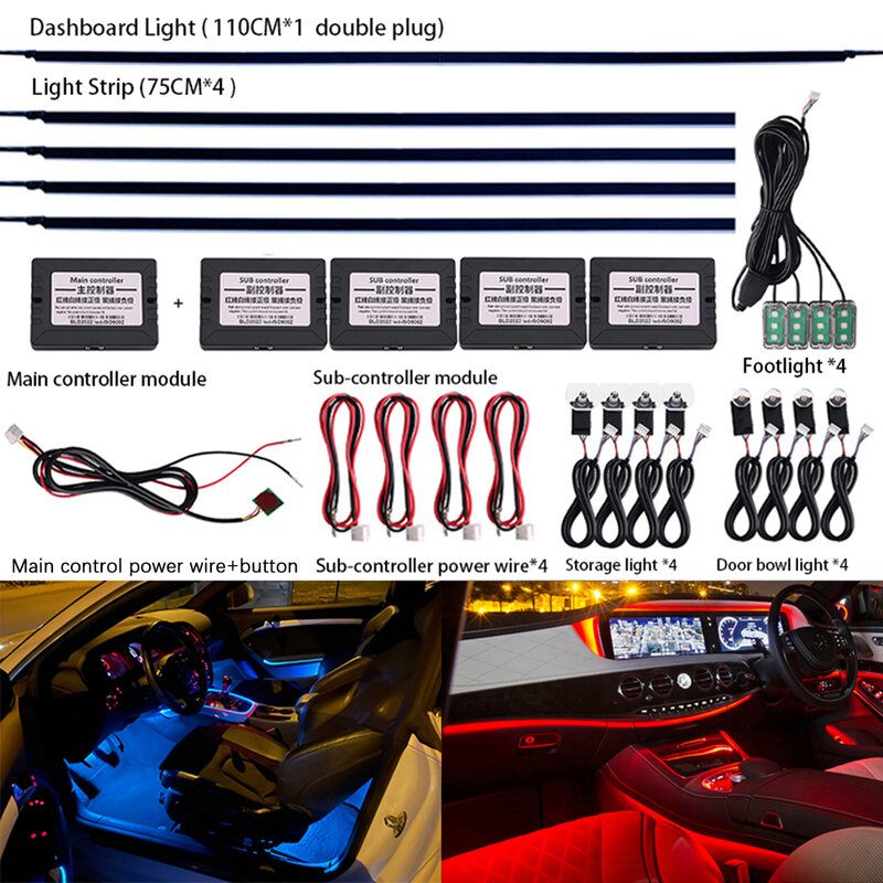 18 w 1 oświetlenie otoczenia do wnętrza samochodu 64 kolor oddychać deska rozdzielcza dekoracja drzwi LED diody na wstążce kontrola aplikacji Bluetooth RGB 12V