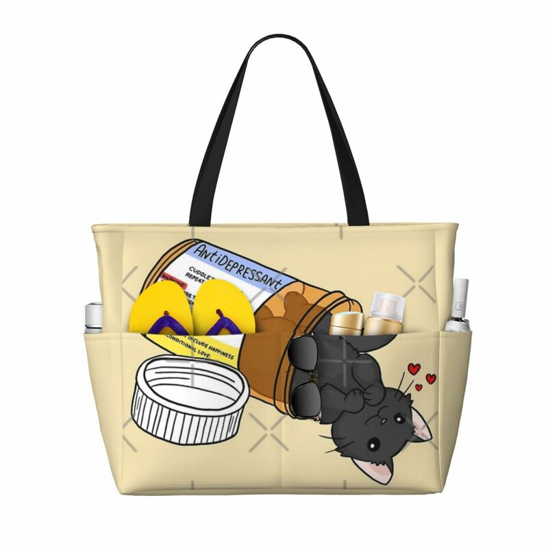 Kitty Antidepressant Love Medicine Beach Travel Bag, Tote Bag Retro Shopping Sports Shoulder Bag Multi-Style Pattern