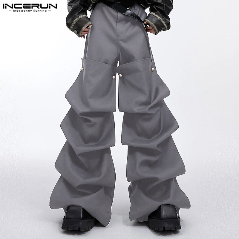 INCERUN 2024 Korean Style Mens Fashion Trousers Casual Clothing Solid Layered Design Pantalons Male Party Shows Long Pants S-5XL