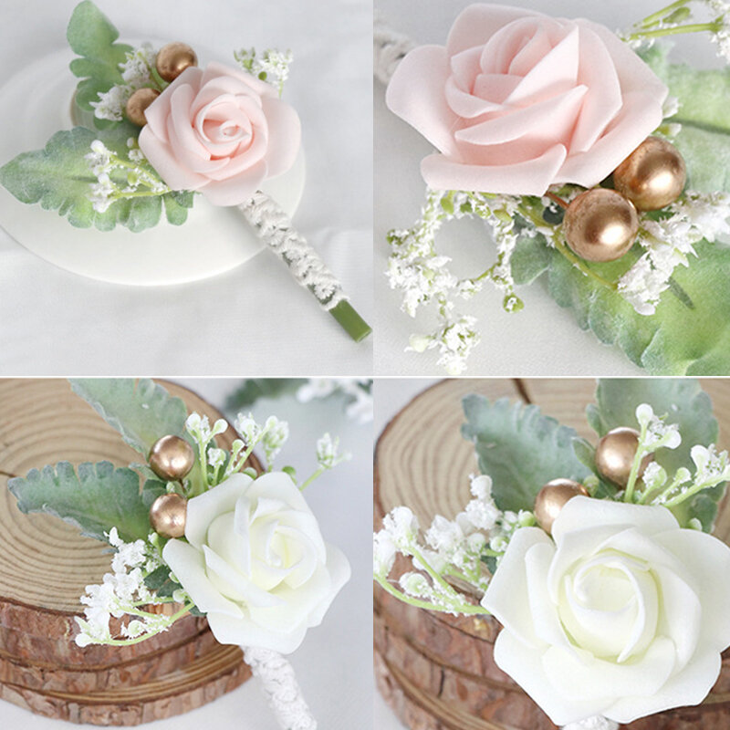 Alfileres de ramillete de boda con flores para hombre, accesorios de flores de imitación para boda, color blanco y rosa