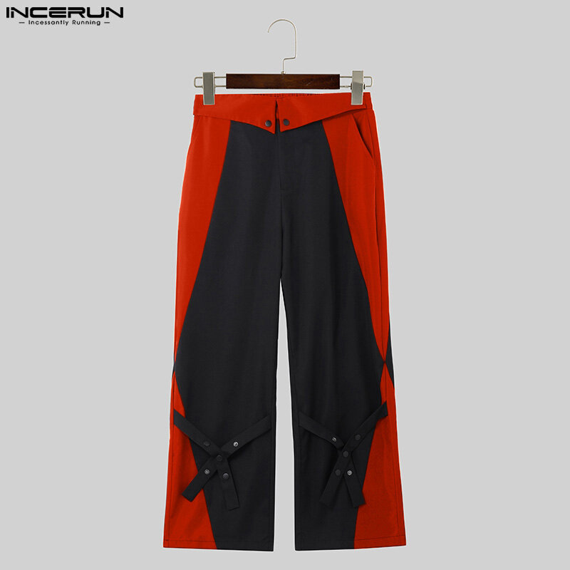 INCERUN-Pantalones largos de estilo coreano para hombre, pantalón con diseño cruzado de retales, Color contrastante, S-5XL, 2024