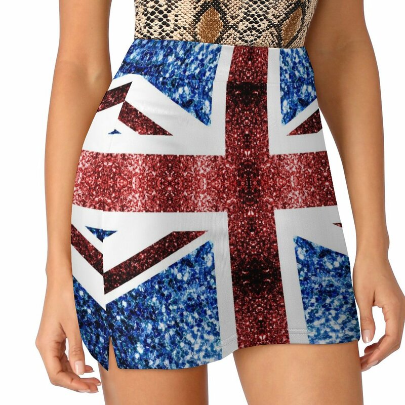 Falda de pantalón a prueba de luz para mujer, falda con bandera del Reino Unido, brillante de imitación azul y rojo, ropa para mujer