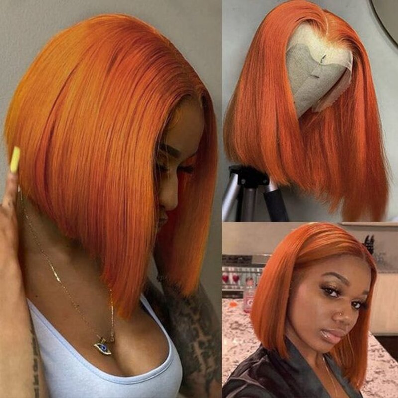 Wig Bob oranye jahe rambut manusia tanpa lem 13X4 renda Frontal Wig dengan kepadatan 150% rambut Remy Brasil 10 12 14 16 inci sebelum dipetik