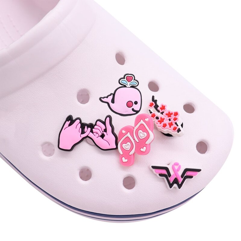 New Arrival 1pcs Pink Style Shoe Charms Plum Bossom Whale Accessories PVC Kids Shoes Buckles Fit Wristbands Birthday Present