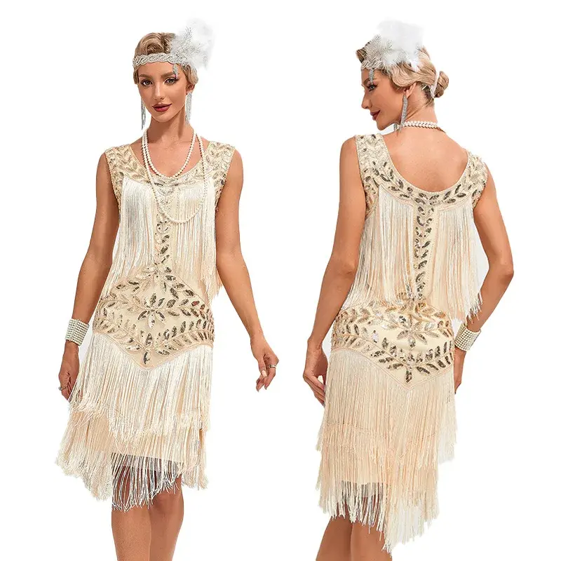 Gaun Vintage bermanik 1920 detik, gaun Flapper payet 30s, Gaun Vintage pernikahan Prom wanita, gaun leher besar bermanik-manik modis rumbai
