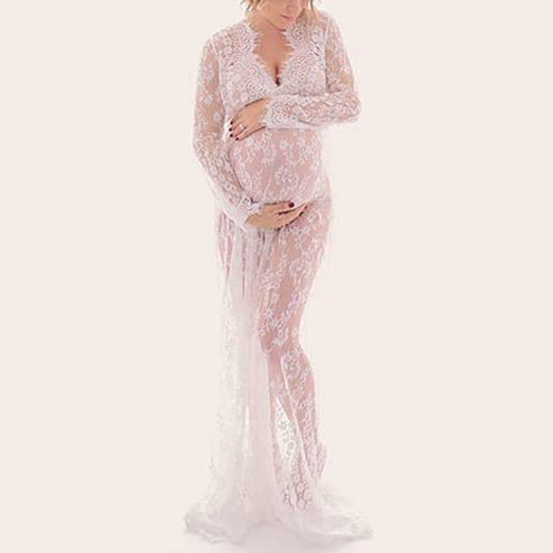Przejrzeć koronkowa sukienka seksowna z głębokim dekoltem w szpic z długim rękawem suknia w stylu Maxi Baby Shower zdjęcie ciążowe sukienki Maxi
