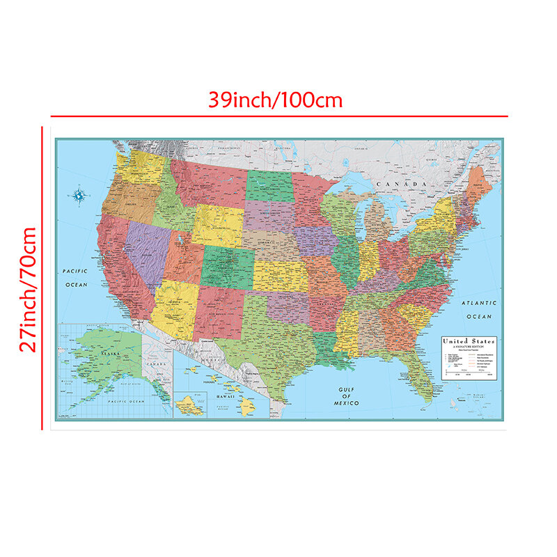 100*70cm retro americano mapa administrativo imprime não-tecido tecido arte imagens sala decoração material escolar em inglês