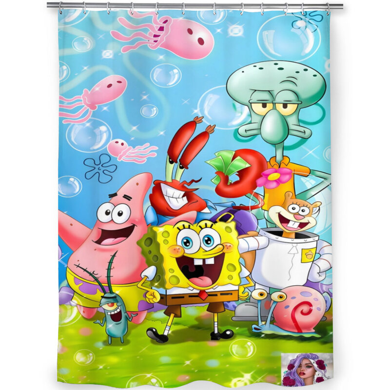 Cartoon Sponge-Board Cortina de chuveiro para banheiro, decoração estética, bonito