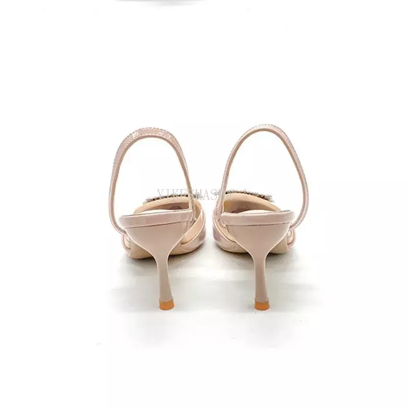 2024 Summer Designer Silver High Heels Sandals Women Rhinestone Square Buckle Sandals Women Pointed Toe Slingbacks Party Heels