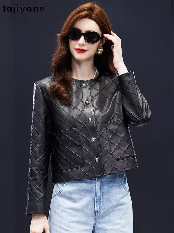 Tajiyane 여성용 진짜 양가죽 코트, 2023 짧은 O-넥 가죽 재킷, 시크한 블랙 가죽 재킷, Abrigos, 고품질