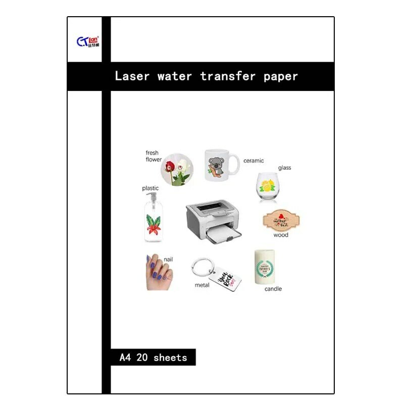 Transparente Printable Laser Transfer Paper, Decalque de água Slide, DIY Metal ou Cerâmica Cup, Clear, A4, 20Pcs