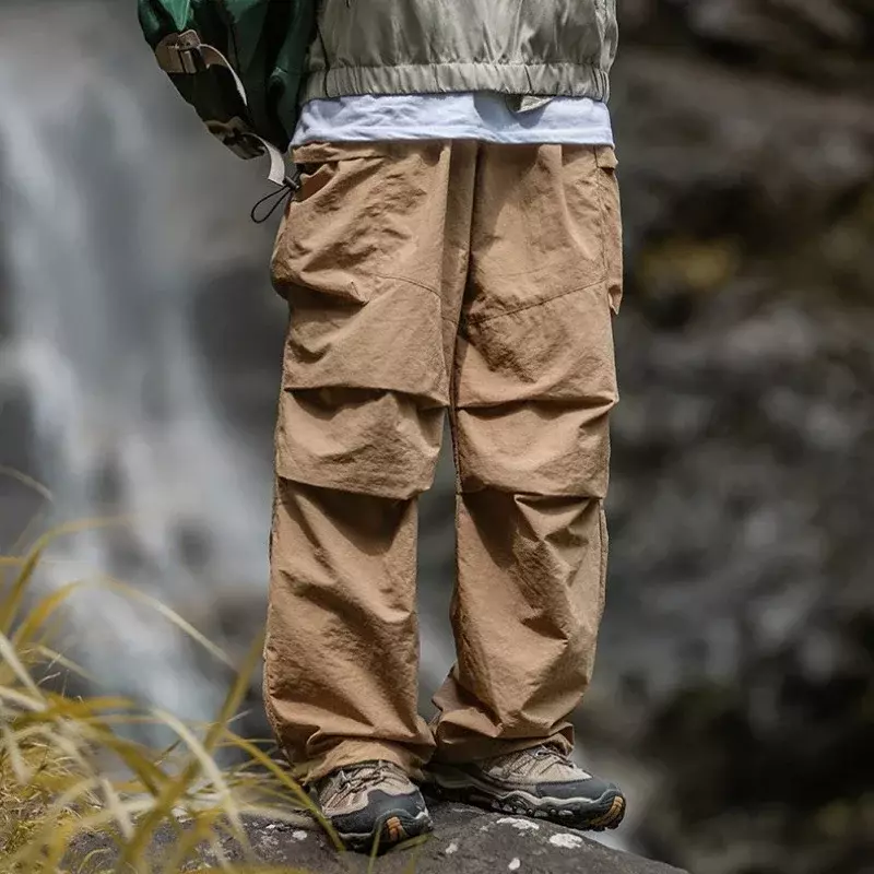 Spring Outdoor Hiking Mens Charge Pants Waterproof Loose Mountaineering Jogging Pants Solid Big Pocket Drawstring Overalls