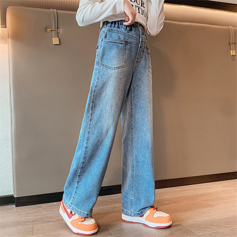Girls' light jeans 2024 new children's wide-leg pants style spring and autumn pants 6-15 years old