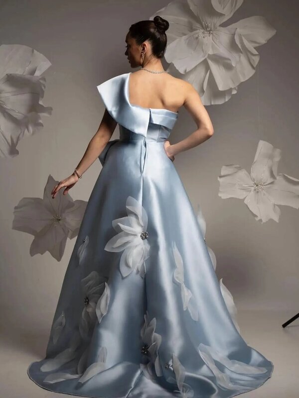 Gaun pesta wanita bentuk A bunga lotus elegan satin biru, gaun pesta dansa, gaun formal pengantin, gaun wisuda wanita