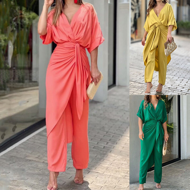 Fashion Solid Color Pant Sets Two Piece Set Women V-Neck Lace Up Short Sleeve Irregular Long T Shirt Trousers Two Piece Set 2024