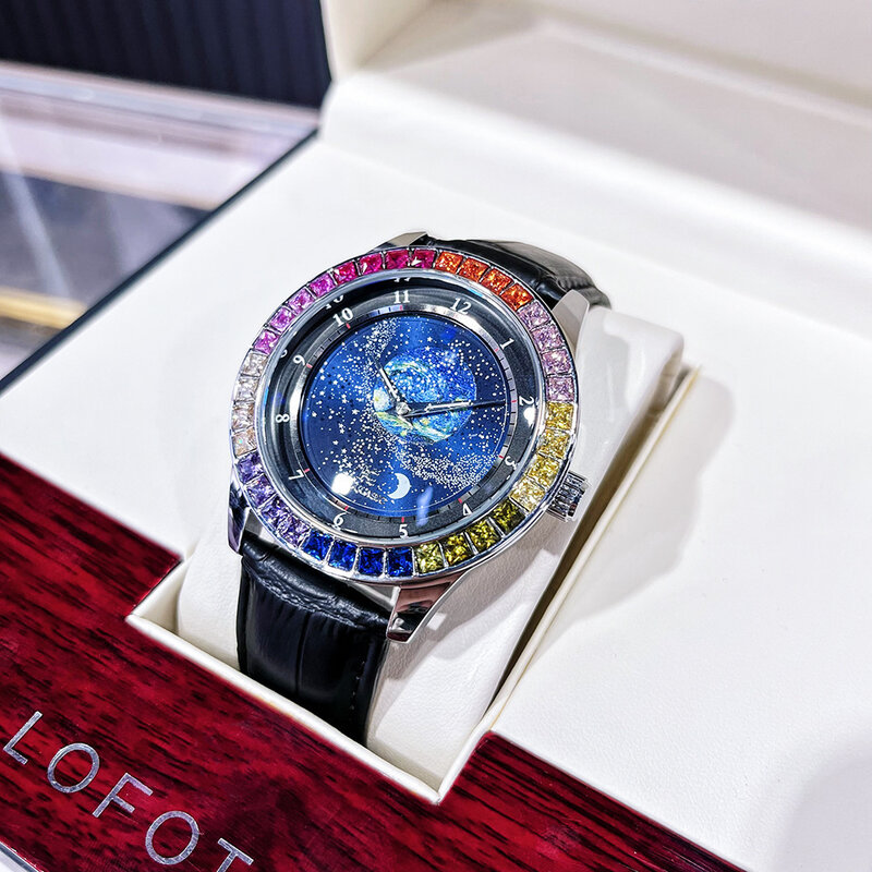 นาฬิกาผู้ชาย Tourbillon นาฬิกาข้อมืออัตโนมัติสำหรับผู้ชายนาฬิกาผู้ชายกันน้ำลายท้องฟ้าเต็มไปด้วยดวงดาวประดับเพชร AAA