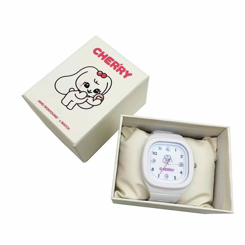 Kpop Idol WonYoung wiśniowe elektroniczny zegarek białe kwadratowe etui do zegarka z plastikowym watchbanem w uroczym kreskówkowym wodoodpornym zegarku