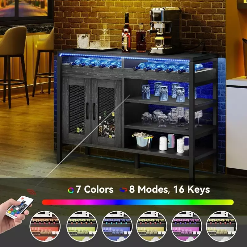 Armoire de bar avec prise de courant et lumières LED pour le stockage d'alcool et de verres, armoire de café industrielle, bar à domicile