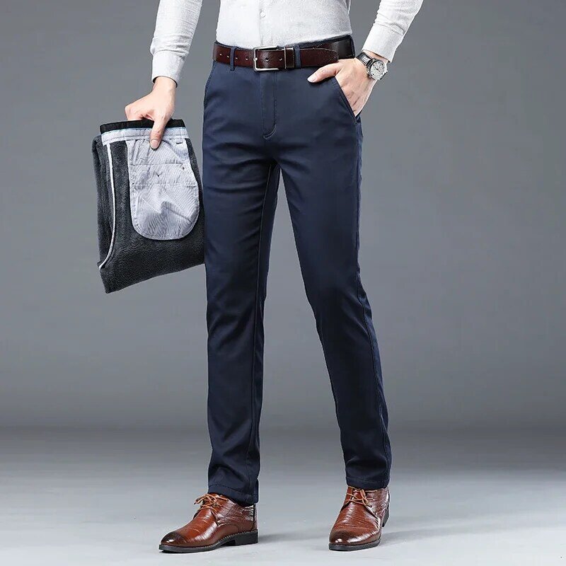 KUBRO zimowe męskie ciepłe spodnie duże rozmiary w stylu klasycznym moda biznesowa regularne grube spodnie dorywczo męskie marki Khaki granatowy czarny