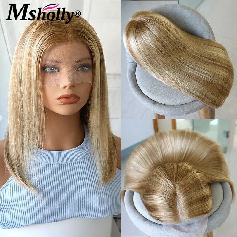 Highlight Ash Blonde Wigs For Women Short Straight Bob Human Hair Wigs 13X4 HD Transparent Lace Front Pre Plucked Brown Wigs