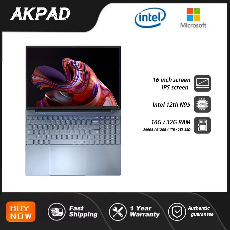 Akpad-intelゲーミングノートパソコン、16インチ、1920x1200、ips、alder、n95、16 GB、1テラバイト、Windows 10、11、バックライト付き、オフィス、ノートブック、pc