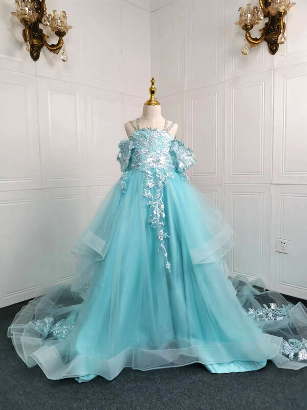 Gaun anak perempuan gaun pernikahan bunga mengembang biru gaun putri bahu terbuka untuk anak-anak gaun pesta manik-manik Applique berpayet Tulle