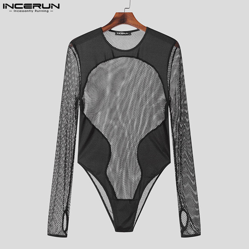 INCERUN 2024 Sexy Men Homewear Bodysuits Casual See-through Mesh Patchwork Rompers Stylish Long Sleeved Triangle Jumpsuits S-3XL