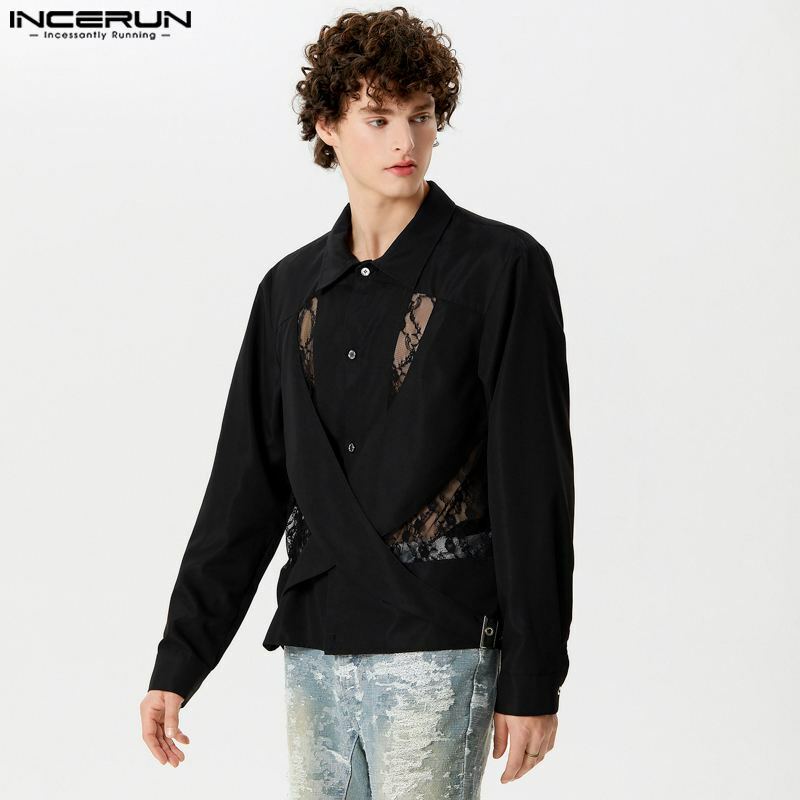 Koszula męska koronkowa patchworkowa klapa z długim guzik na rękawie casualowym męskim nieregularne koszule Streetwear 2024 modne S-5XL