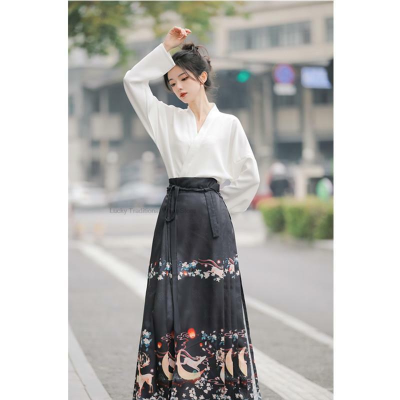 W chińskim stylu Hanfu damska ulepszona spódnica z motywem Hanfu w kwiatowy wzór końska wiosenna i jesienna damska codzienna chińska sukienka kombinezon Hanfu