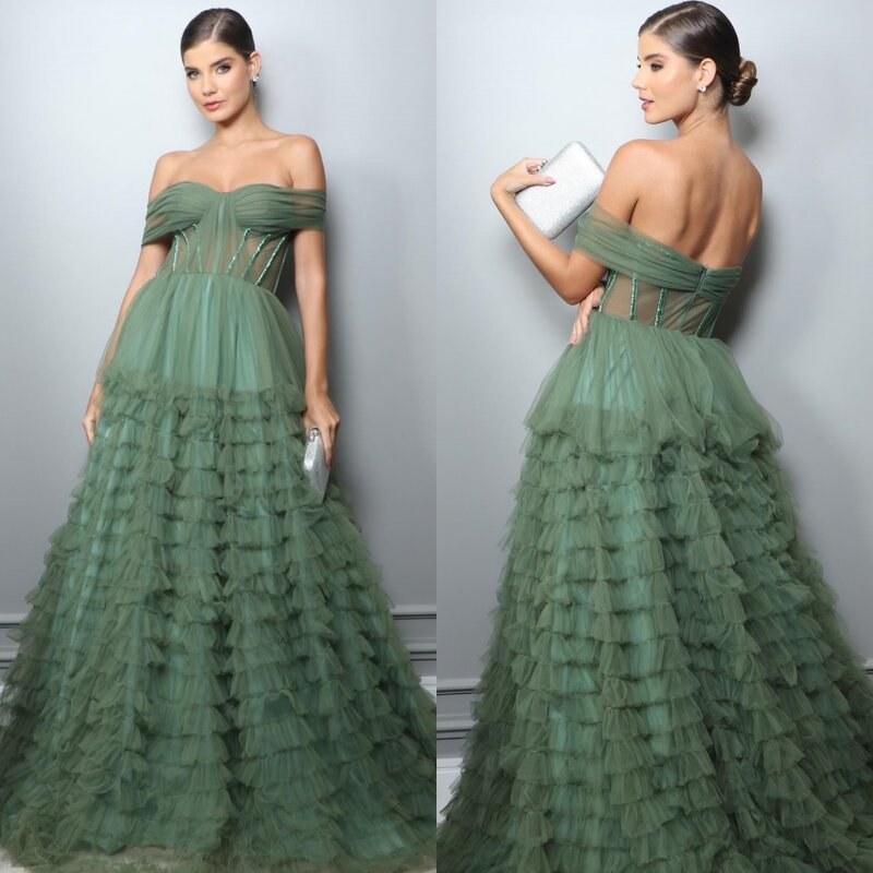 Net Pleat Engagement Straight Off-the-shoulder Bespoke Occasion Gown Long Dresses