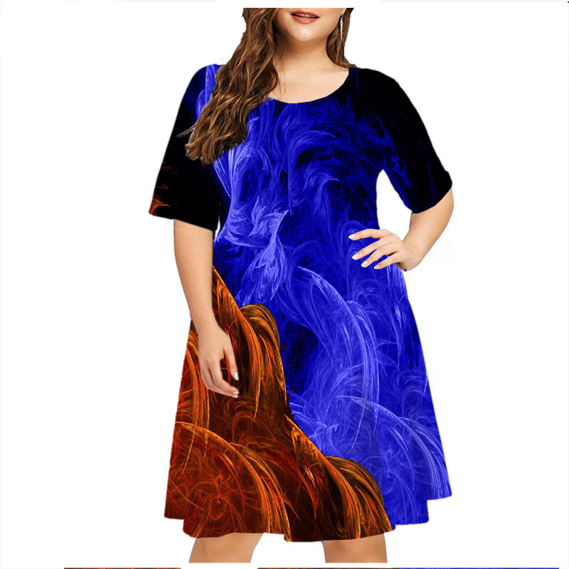 الشارع محب موضة ثلاثية الأبعاد طباعة المرأة الأزرق لهب فستان غير رسمي قصير الأكمام فضفاضة حجم كبير الملابس 6XL فستان صيفي Vestidos