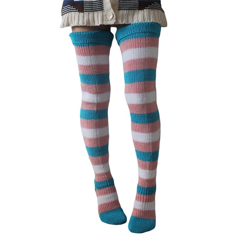 Ladies Knitted Stockings Adults Women Autumn Winter Leisure Style Mixed Color Stripes Knee-high Socks Long Stockings