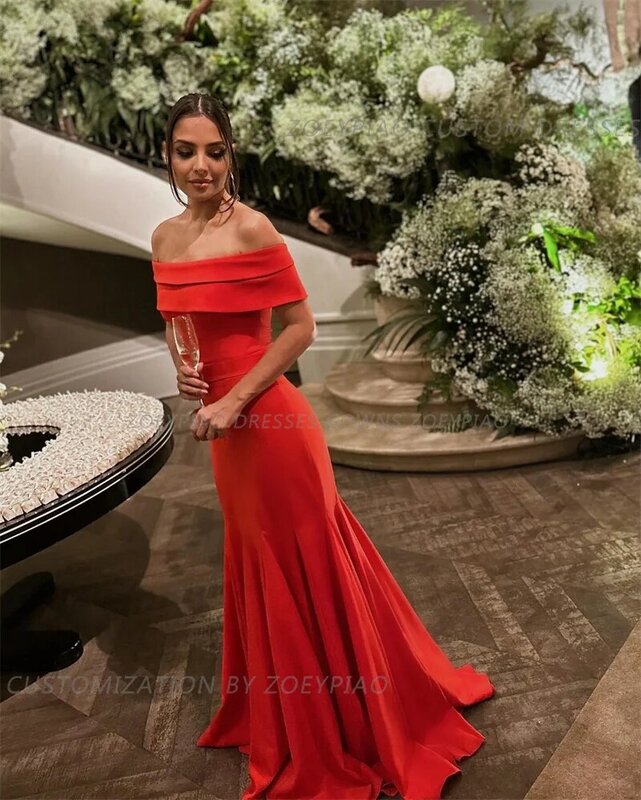 Czerwone długie satynowe suknie ślubne na zamówienie Mermaid Prom Dresses Eleganckie suknie wieczorowe na ramiączkach z krótkimi rękawami