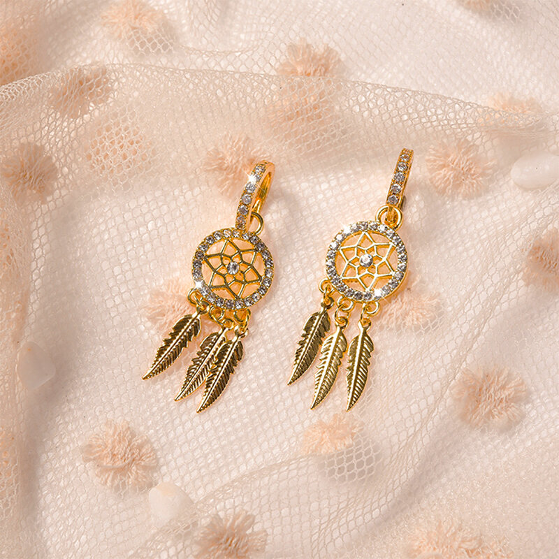 Anting-Anting Tetes Bulu Emas Asli 14K Elegan Trendi untuk Wanita Hadiah Bagus Pesta Gesper Telinga Zircon AAA Bling Perhiasan Kualitas Tinggi
