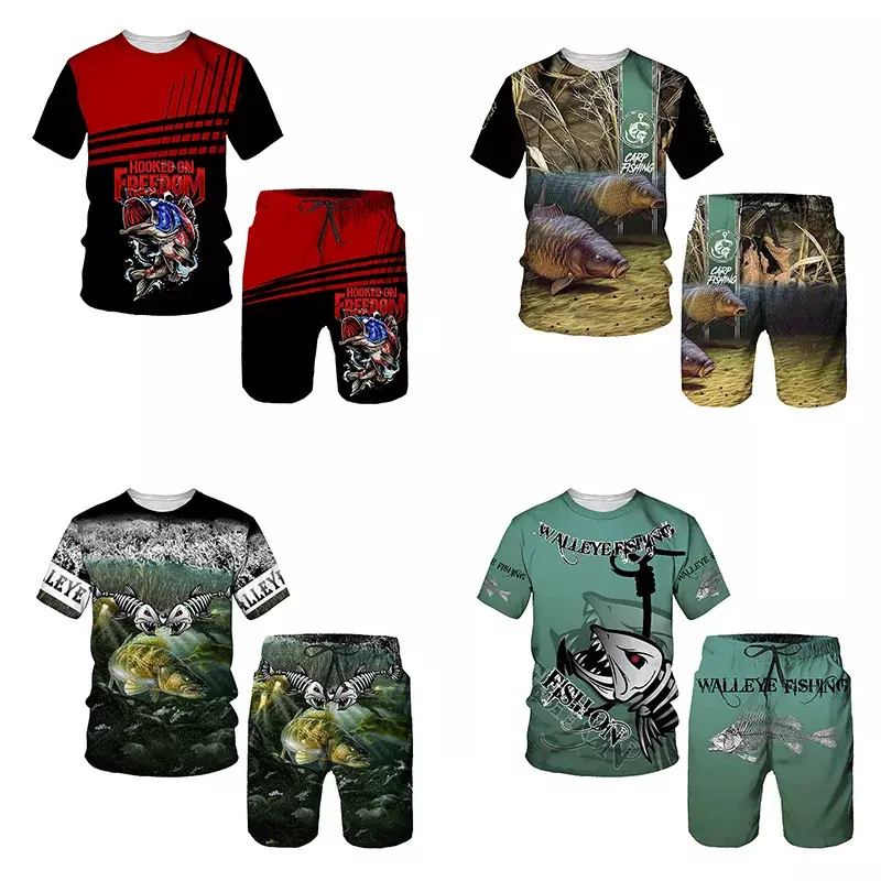 Conjunto de ropa deportiva para hombre, Camiseta con estampado de patrón de pesca de carpa, pantalones cortos divertidos de verano, tejidos geniales, 2024