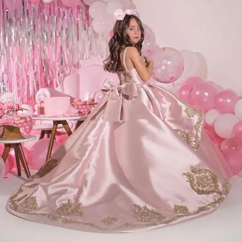 Vestido de baile rosa frisado para meninas, vestidos com lantejoulas, princesa flor, apliqueado, vestido de cetim